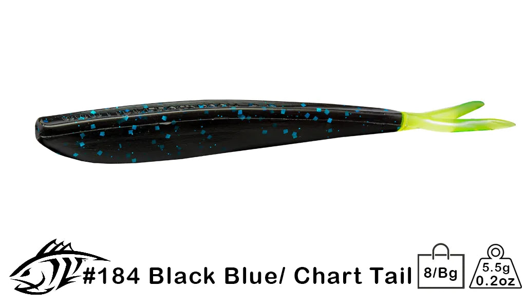 black and blue fishing lure Lunker City 4" Fin-S Fish #184 Black/Blue Flake/ Chartreuse Tail